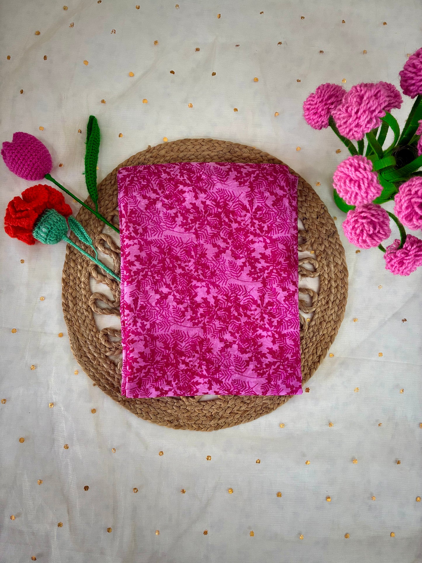Pink Printed Semi Chiffon Saree