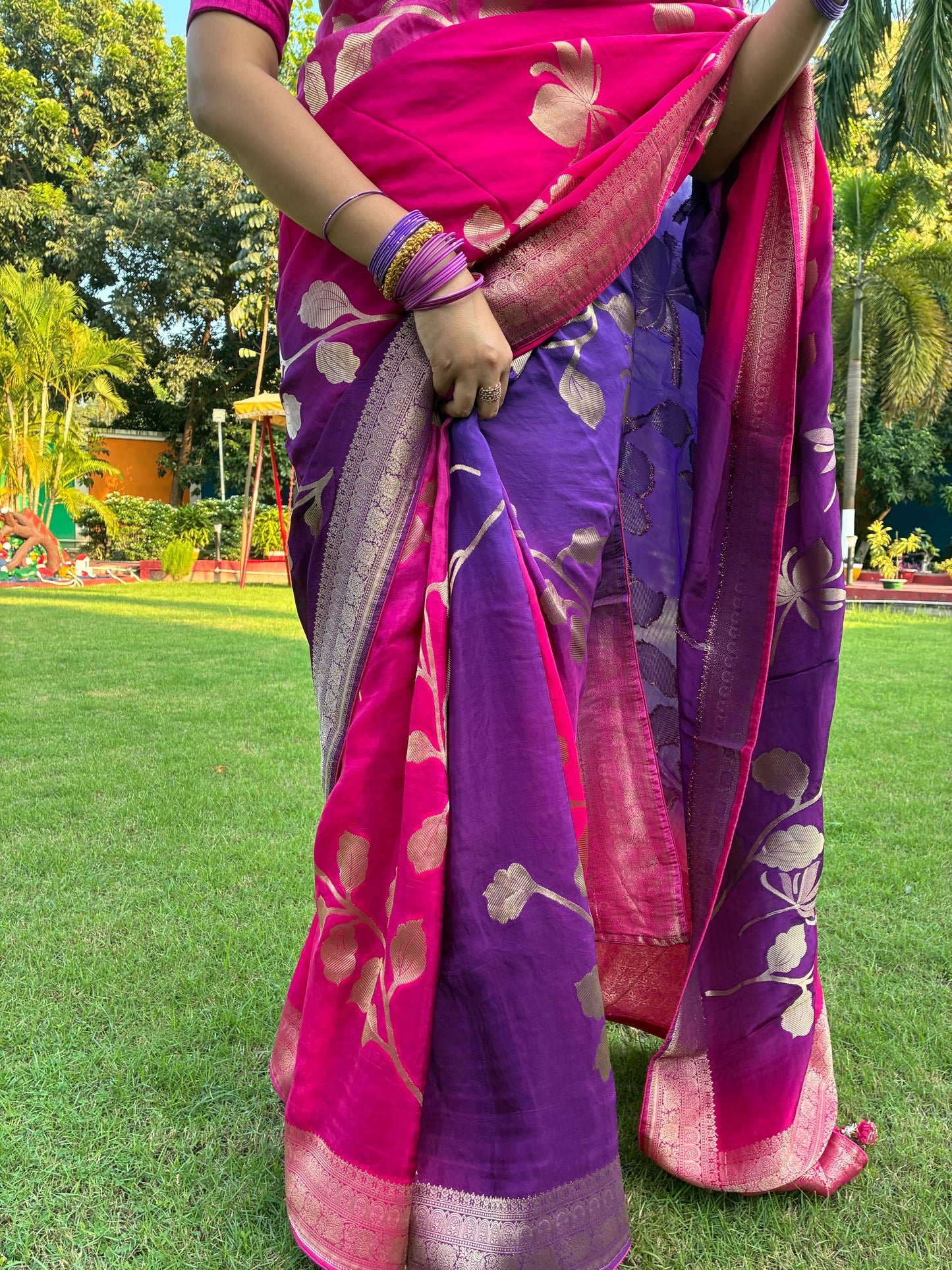 Purple Pink Floral Festive Dola Silk Saree