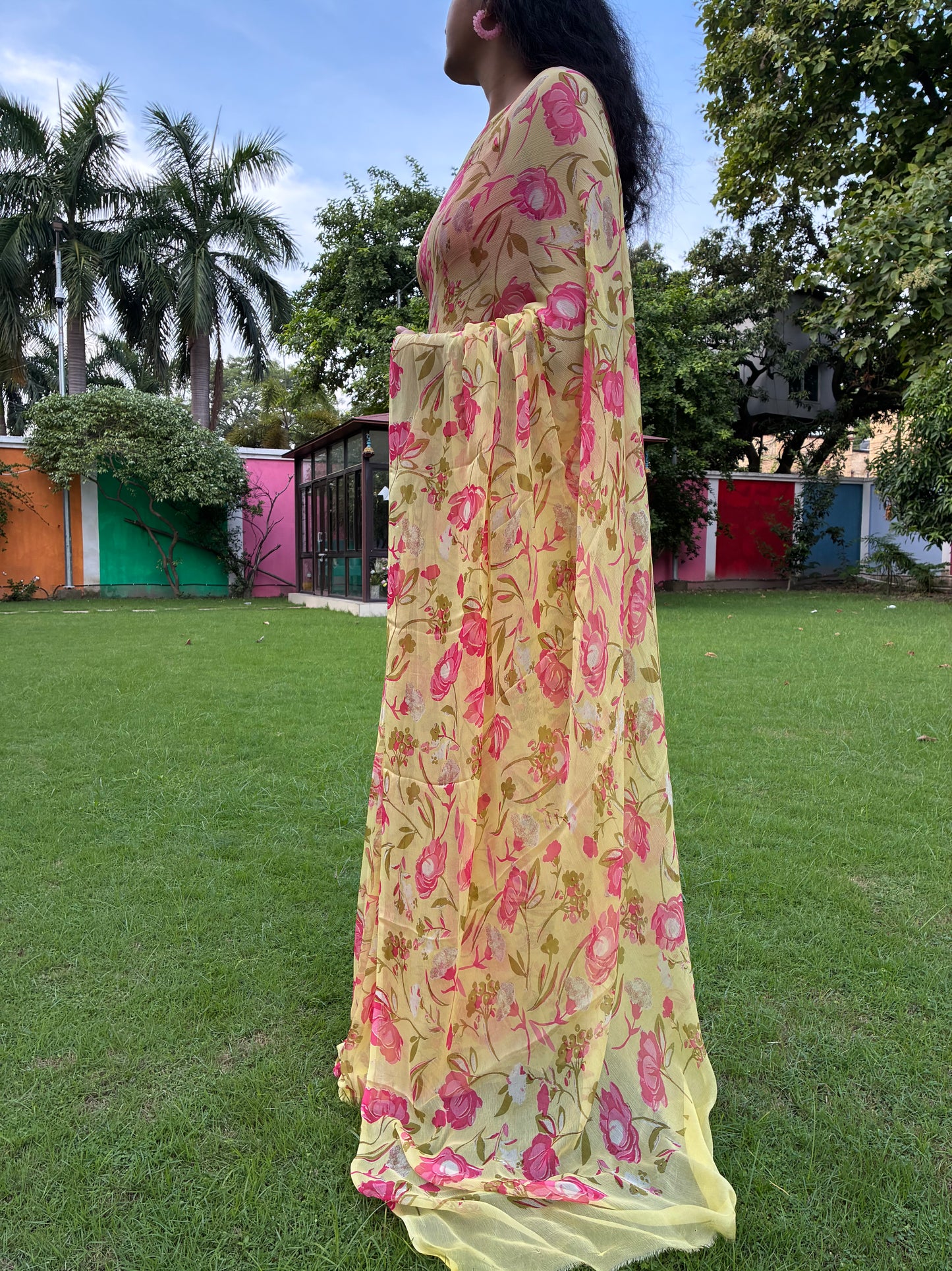 Yellow Floral Pure Chiffon Saree