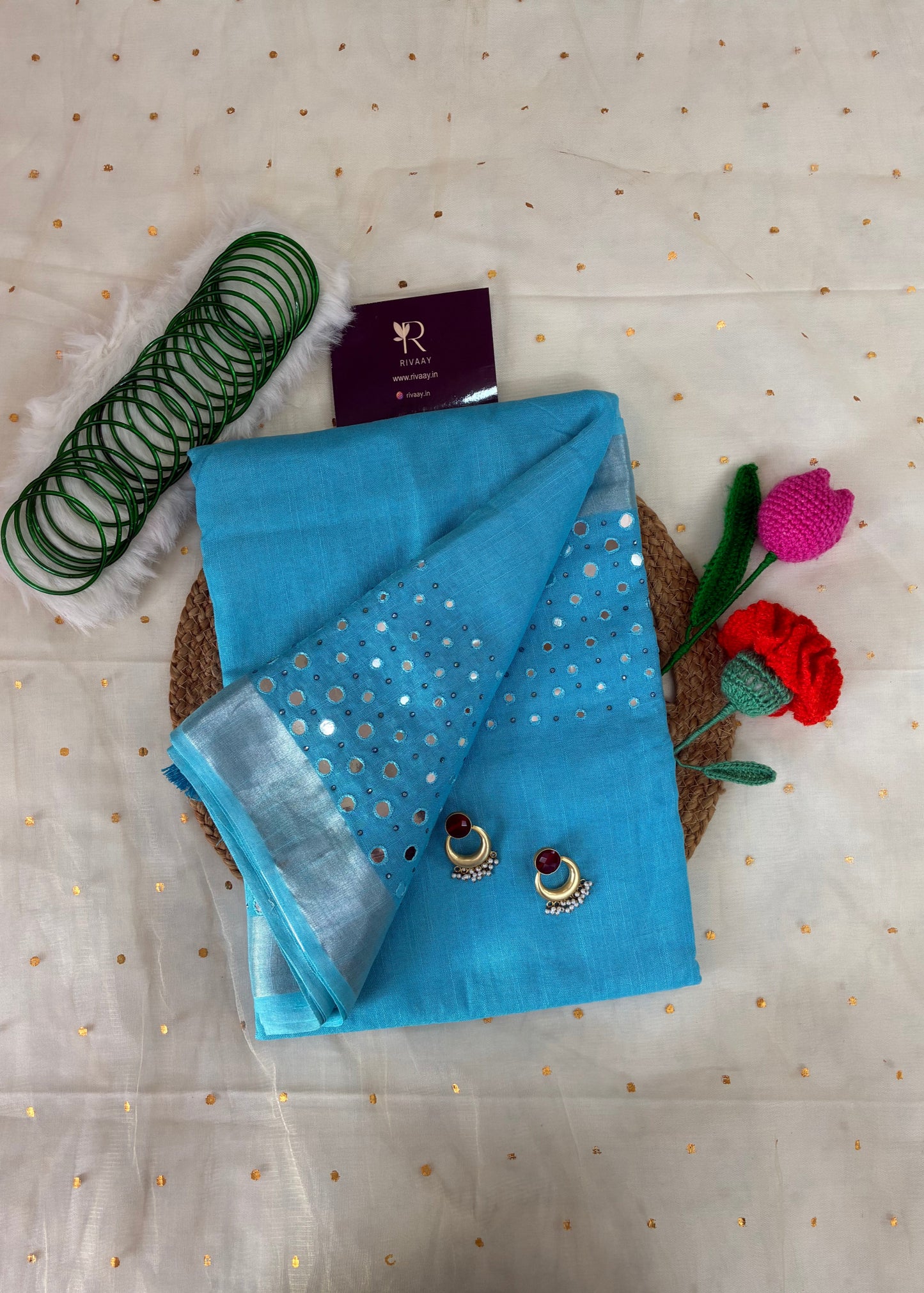 Light Blue Work Pure Linen Saree