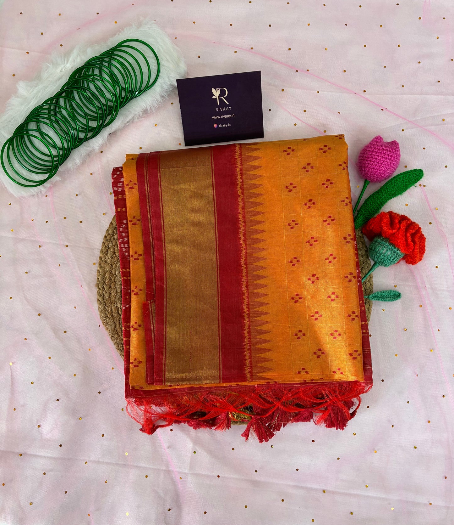 Mustard- Red Butti Weaving Chunari Pallu Chanderi Silk Saree