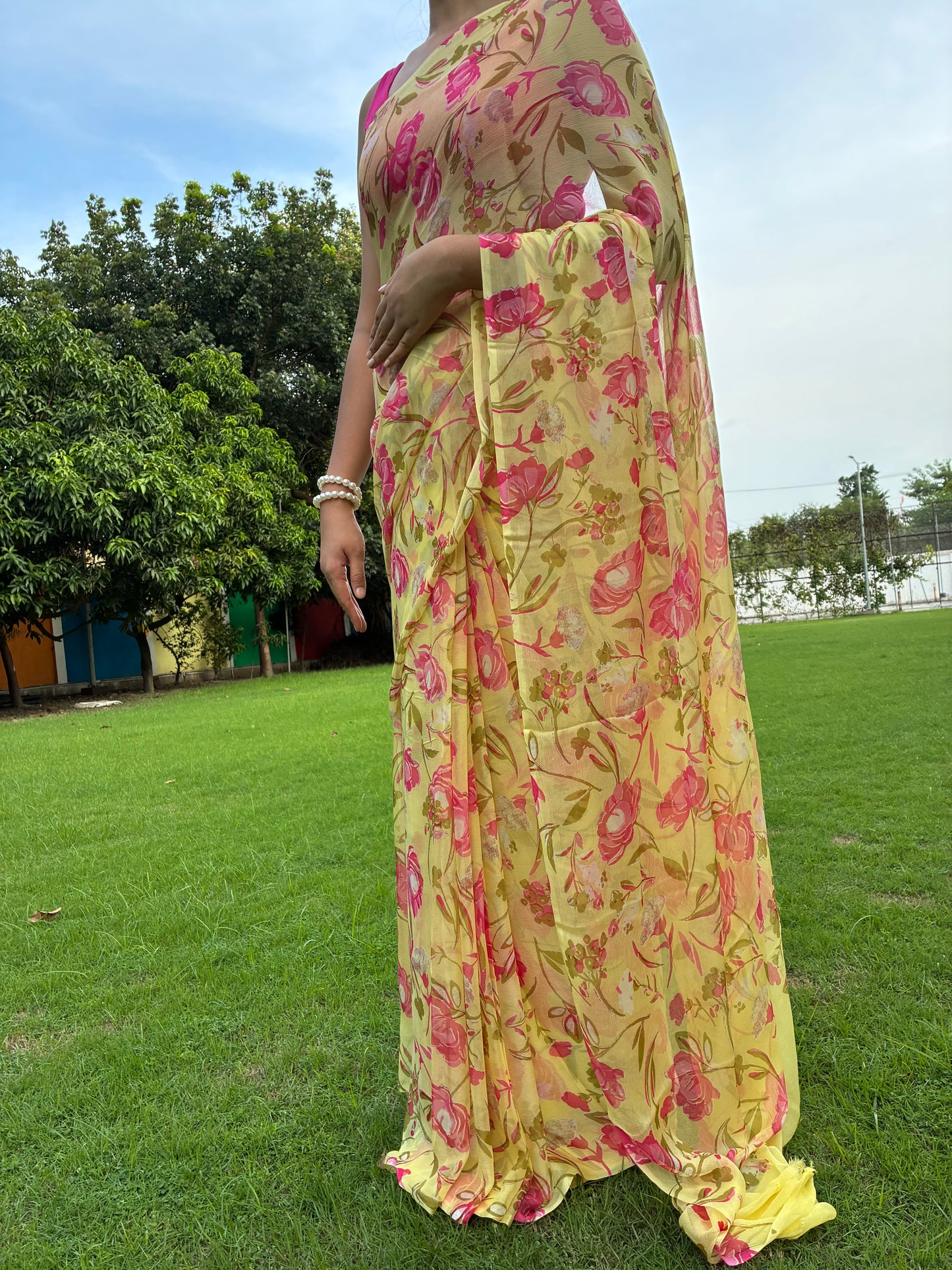 Yellow Floral Pure Chiffon Saree