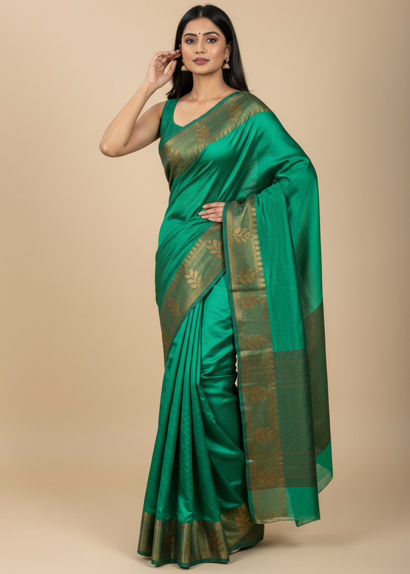 Woman wearing a green saree with a beige background