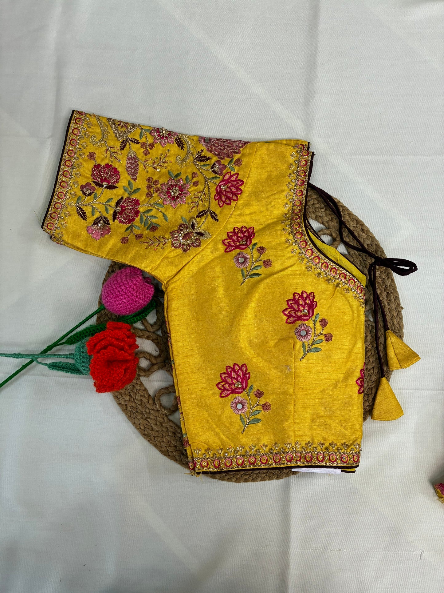 Brown Crushed Saree and Embroidered Blouse Combo