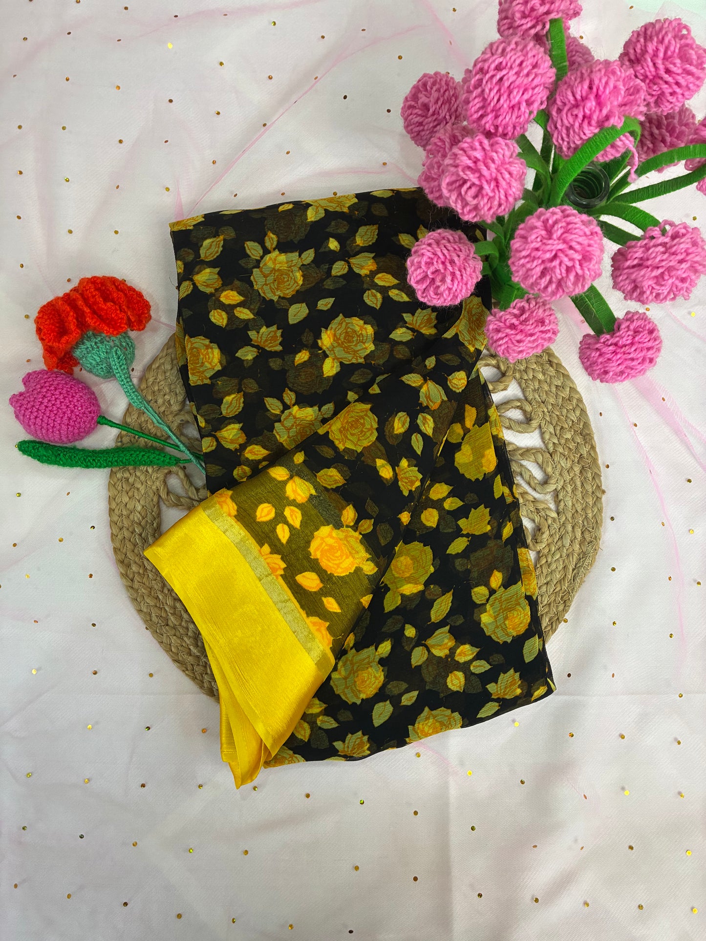 Black Yellow Floral Semi Chiffon Saree