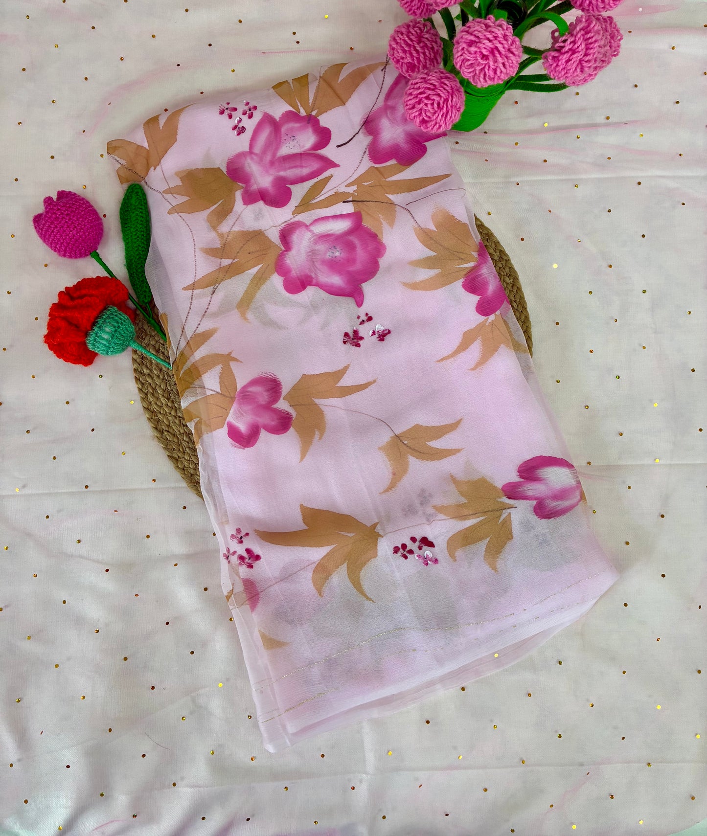 Baby Pink Handpainted Pure Chiffon Saree