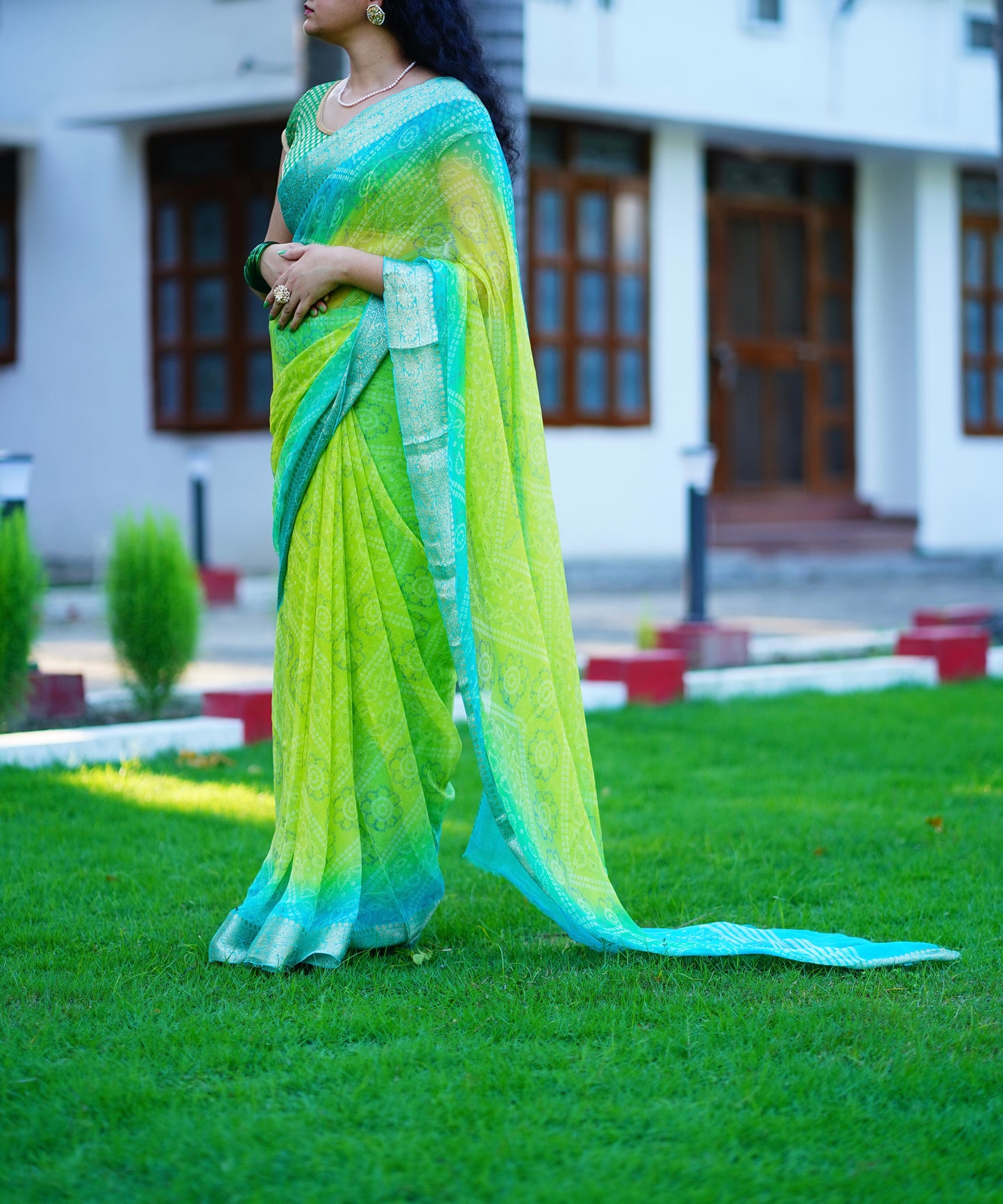 Blue Green Pure Chiffon Saree