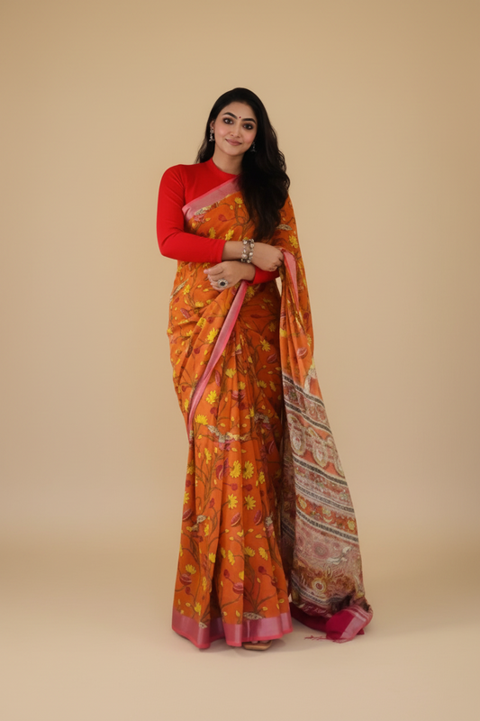 Orange Kalamkari Linen Cotton Saree