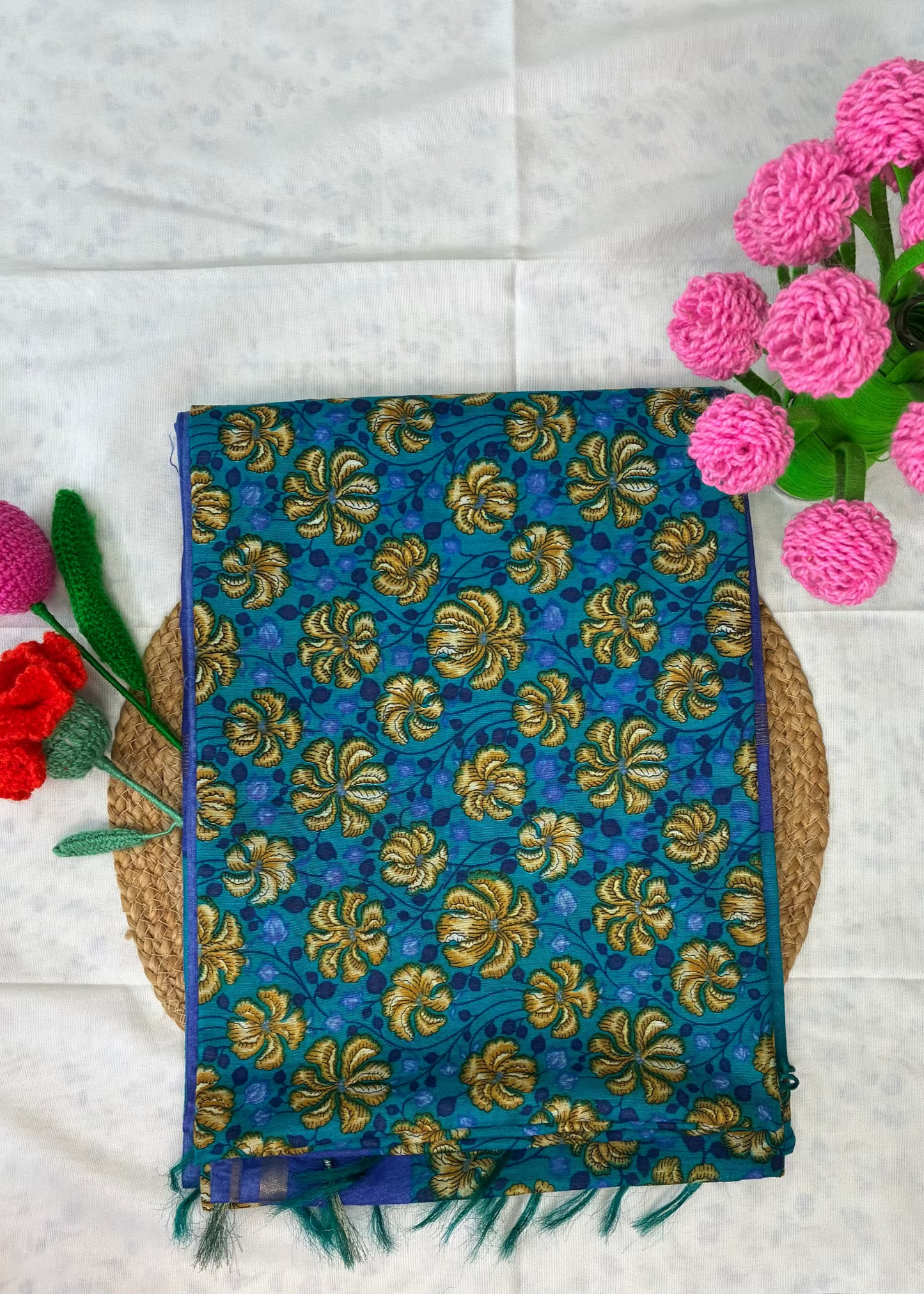 Blue Floral Cotton Silk Saree