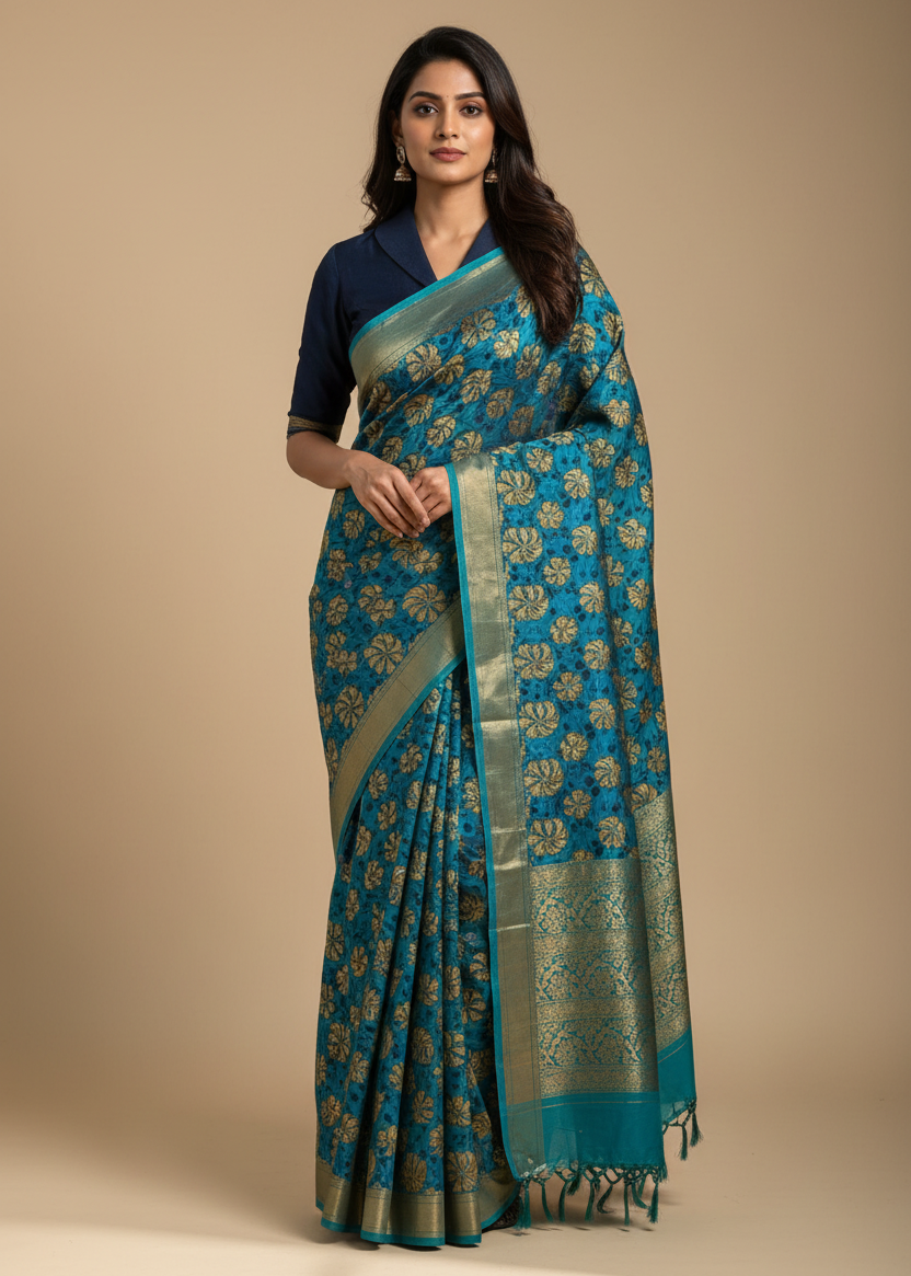 Blue Floral Cotton Silk Saree