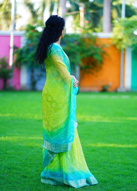 Person wearing a colorful saree against a green wall with blurred background