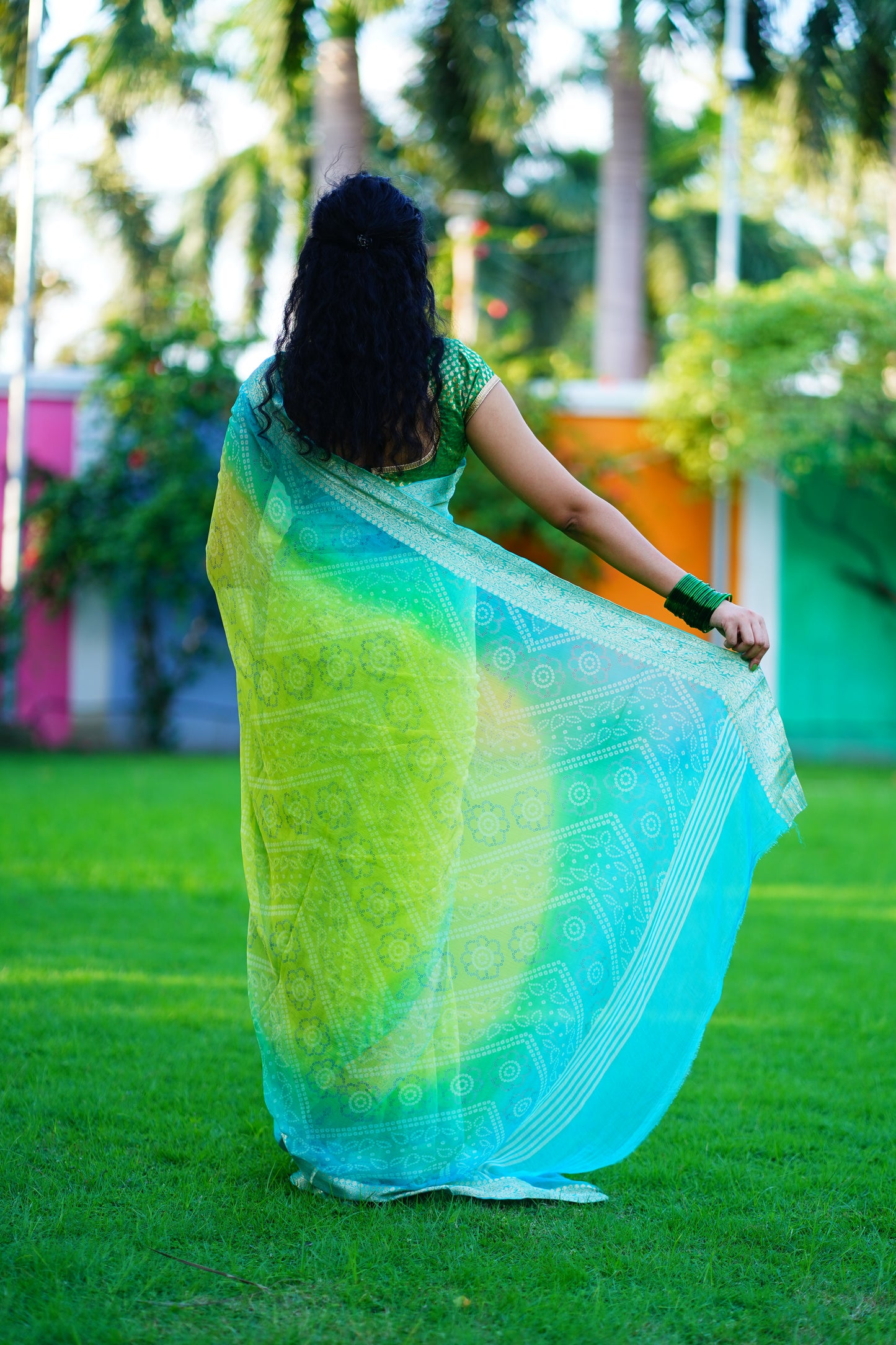 Blue Green Pure Chiffon Saree