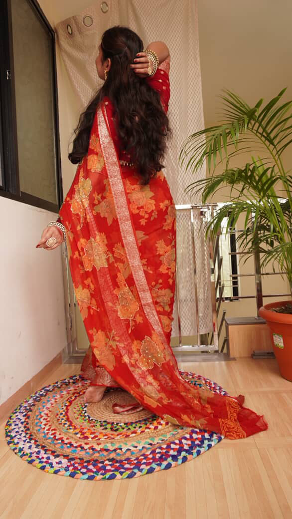 Red Handwork Pure Chiffon Saree