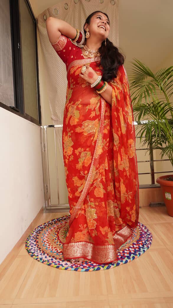 Red Handwork Pure Chiffon Saree