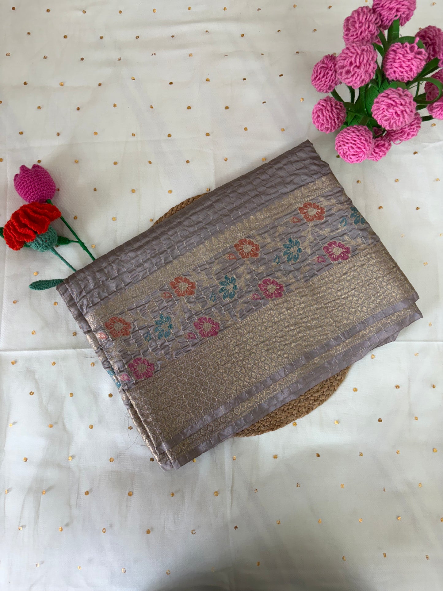 Grey Crumbled Chanderi Saree with Floral Border
