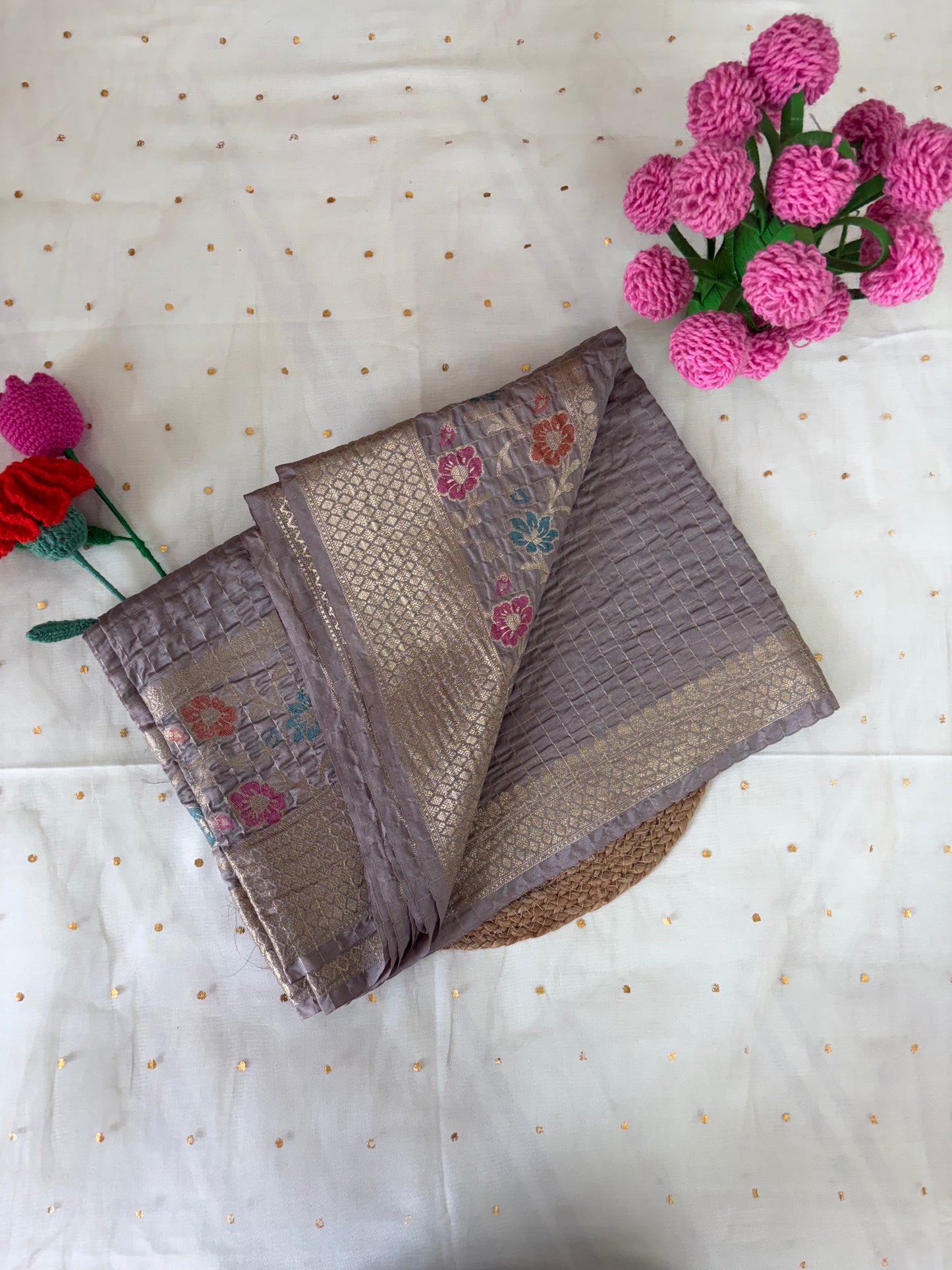 Grey Crumbled Chanderi Saree with Floral Border