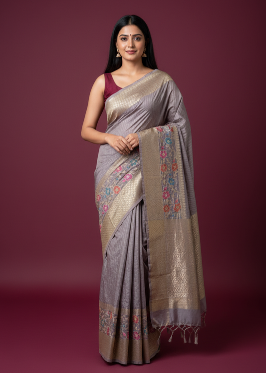 Grey Crumbled Chanderi Saree with Floral Border
