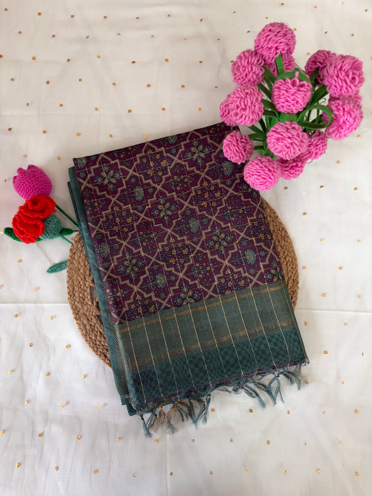 Purple Check Chanderi Silk Saree