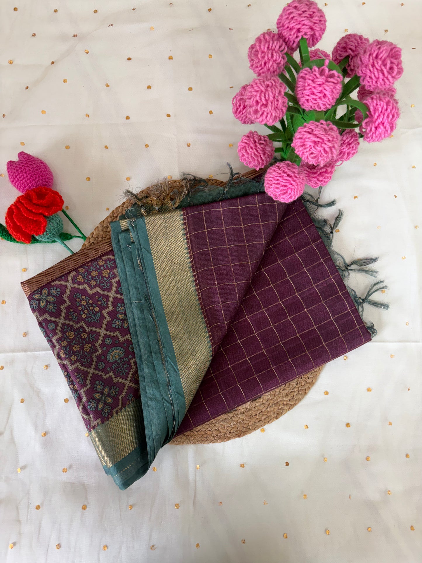 Purple Check Chanderi Silk Saree