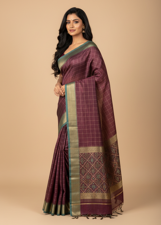 Purple Check Chanderi Silk Saree