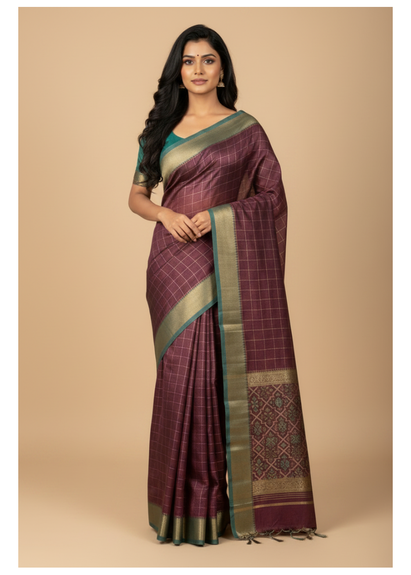 Purple Check Chanderi Silk Saree