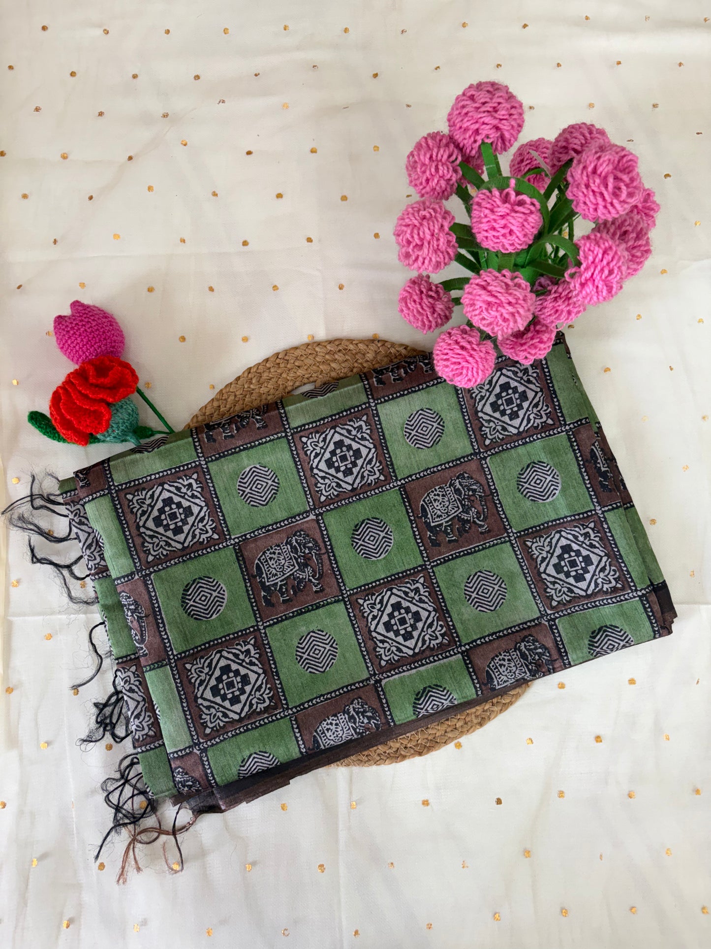 Green Block Pure Tussar Silk Saree