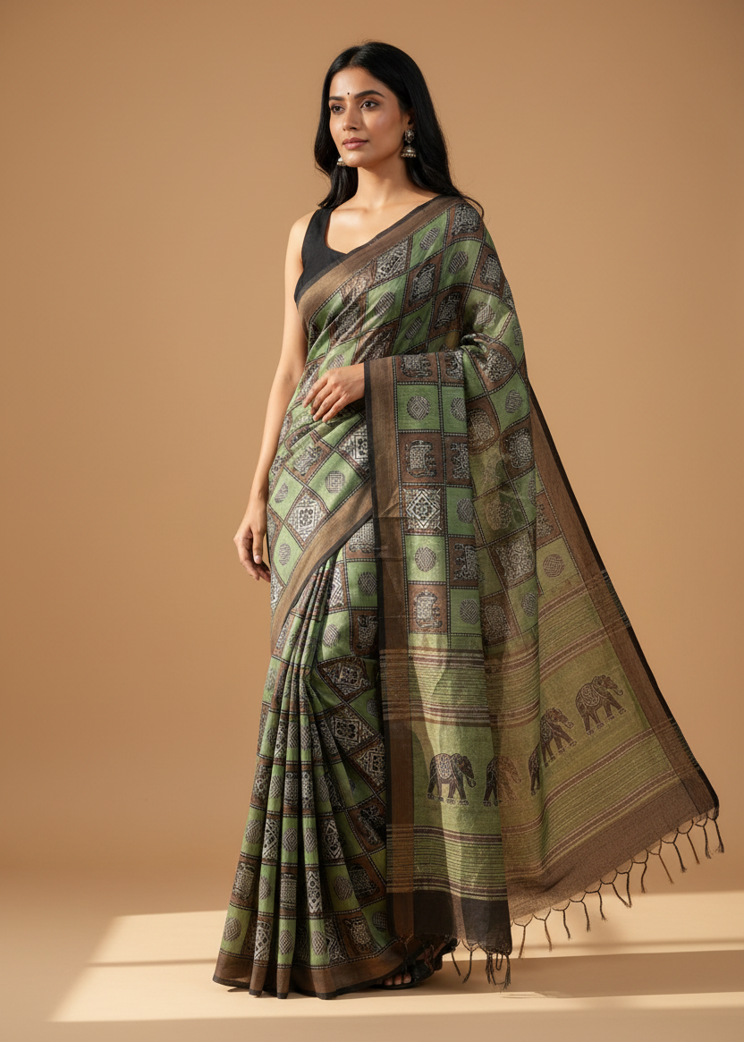 Green Block Pure Tussar Silk Saree