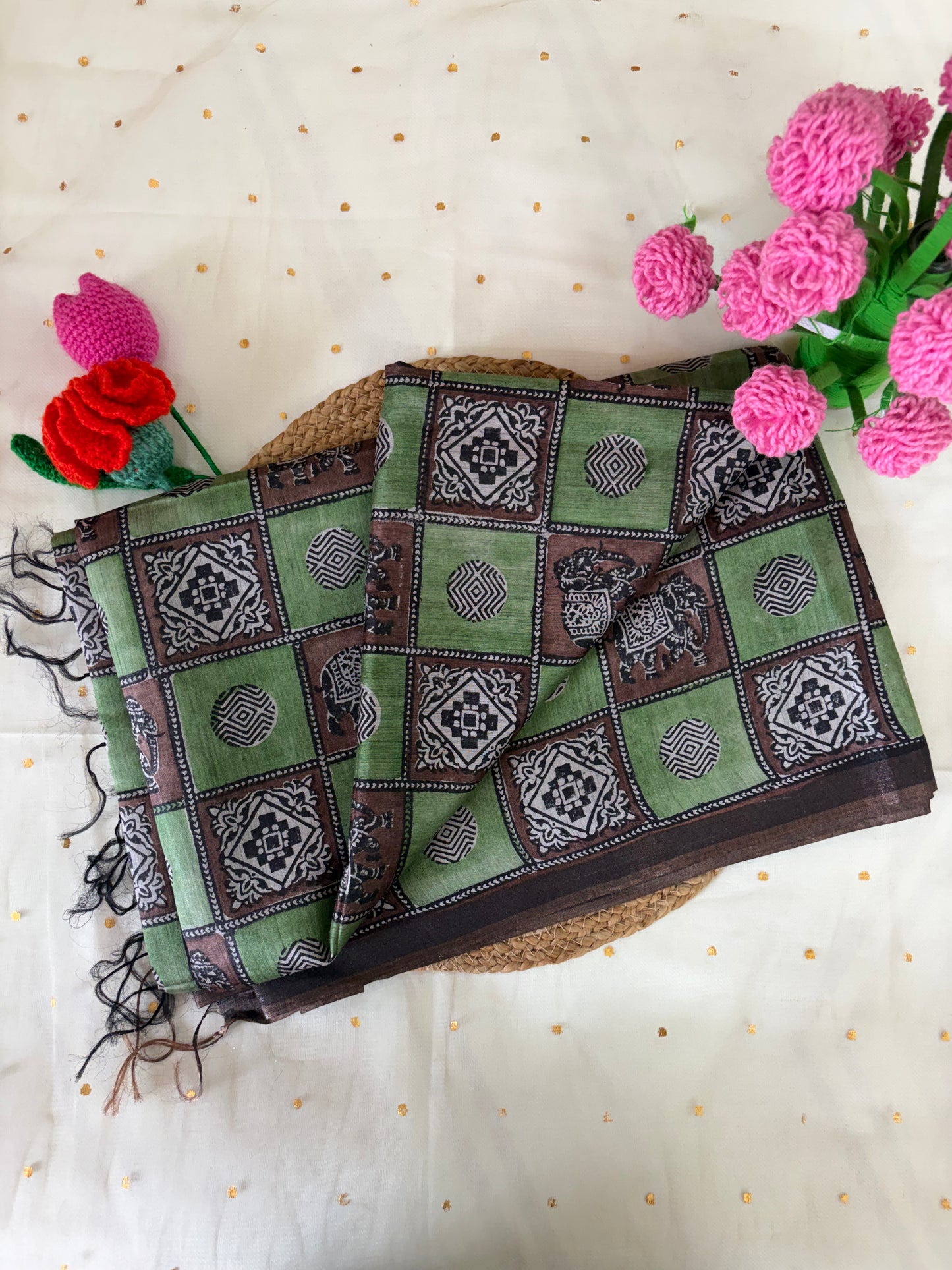 Green Block Pure Tussar Silk Saree