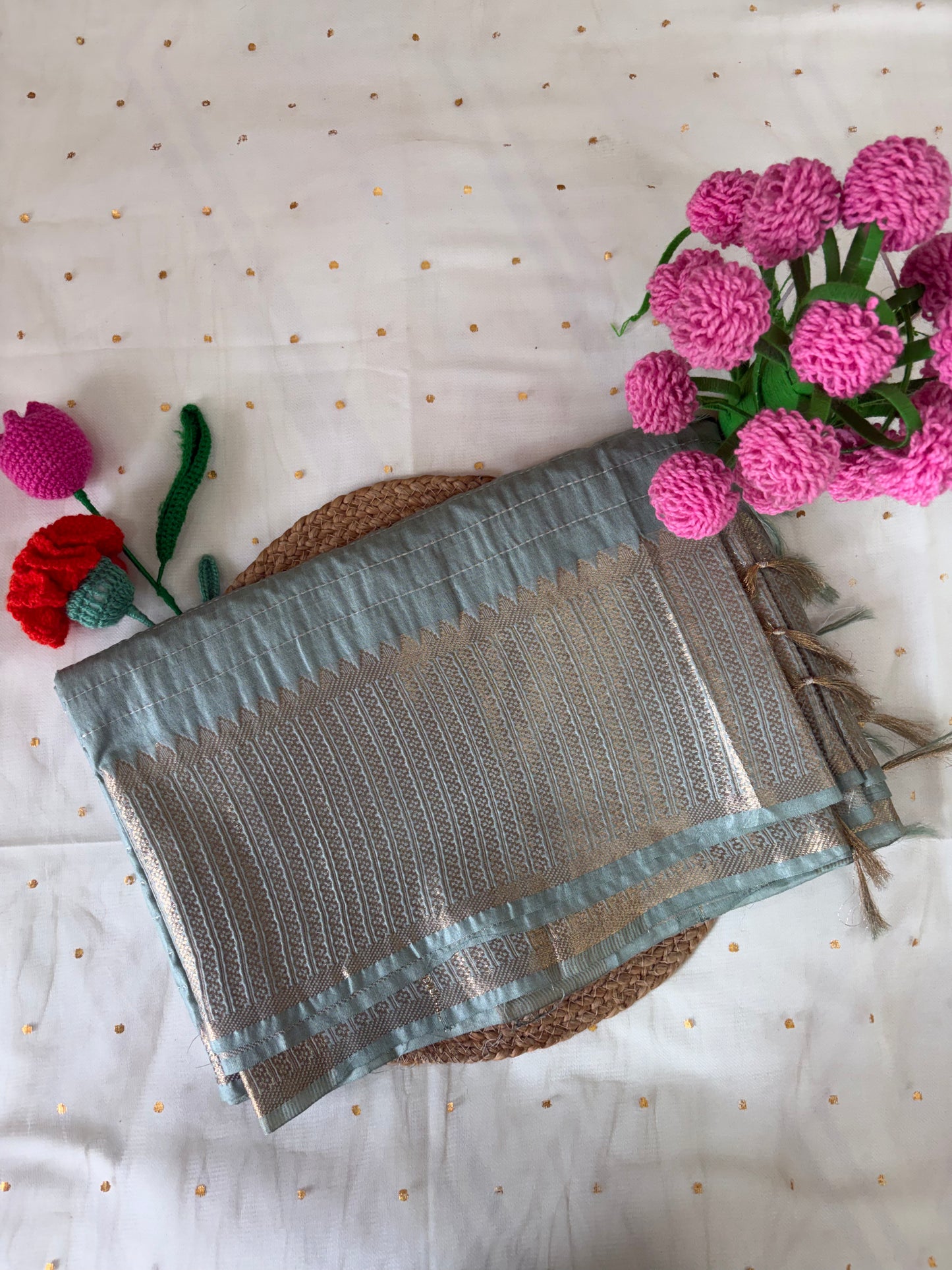 Blue Pastel Crumbled Striped Chanderi Saree
