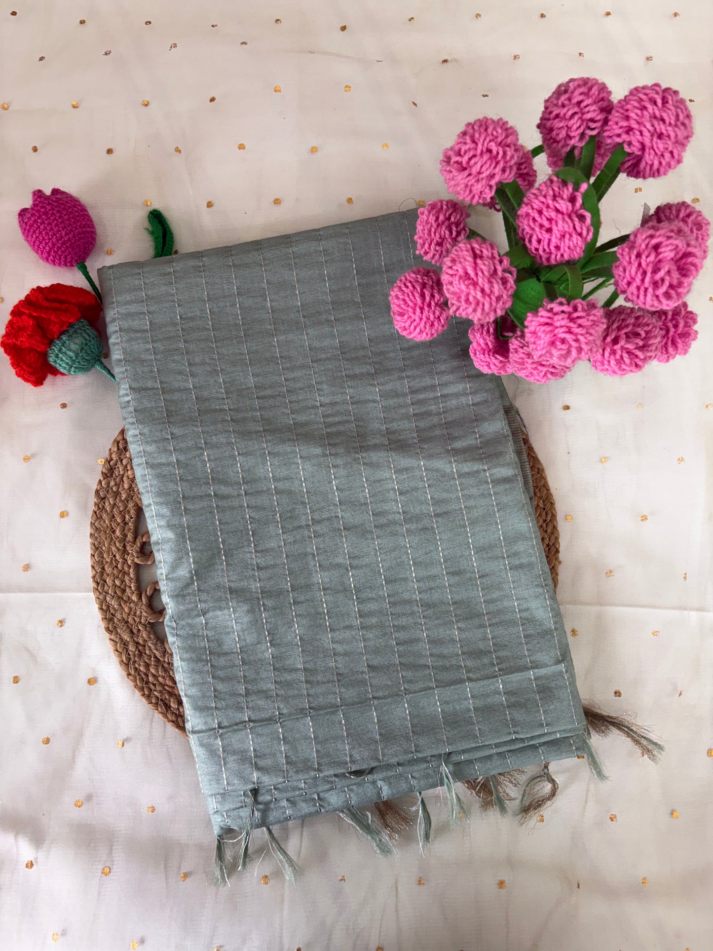Blue Pastel Crumbled Striped Chanderi Saree