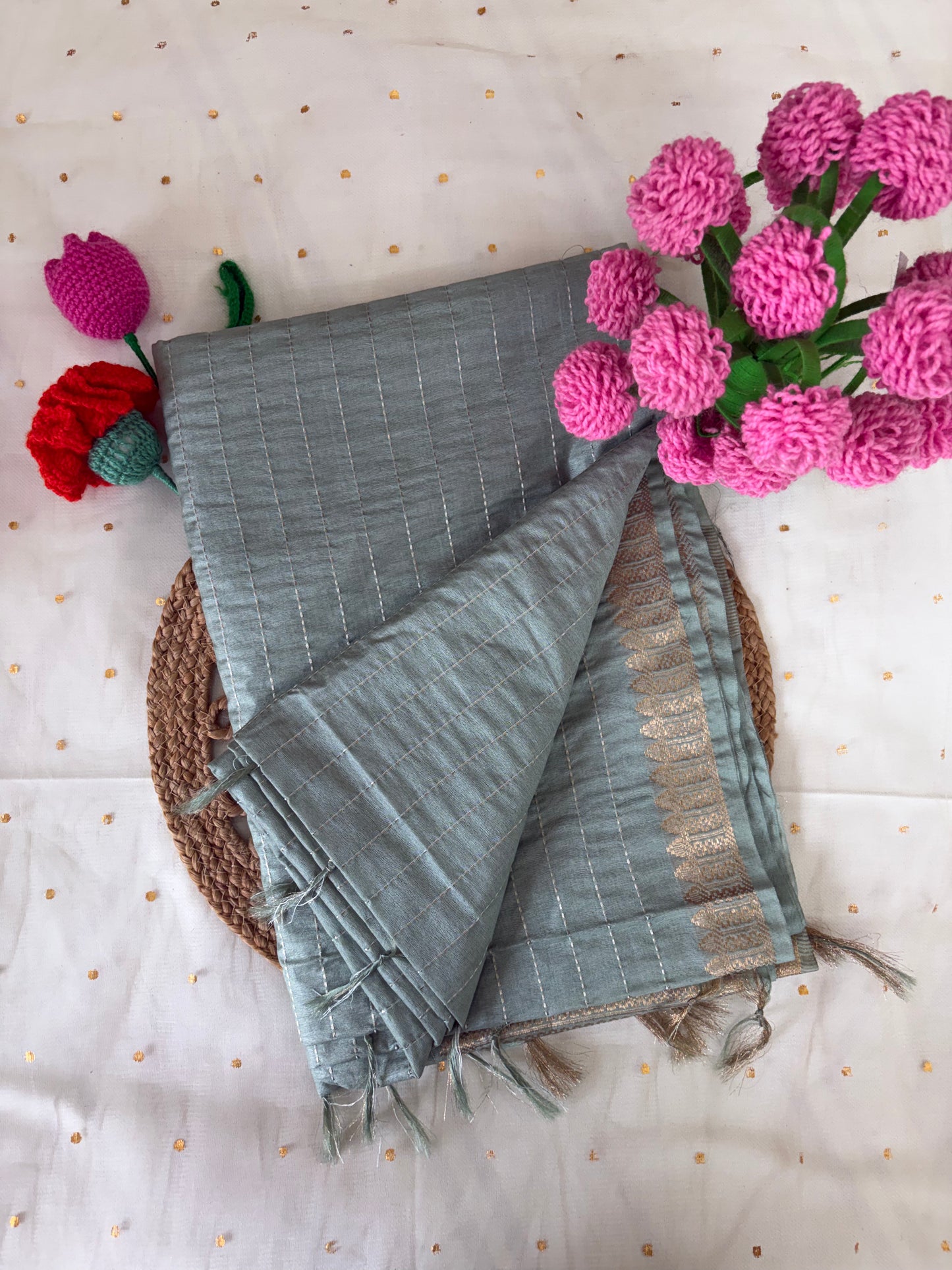 Blue Pastel Crumbled Striped Chanderi Saree