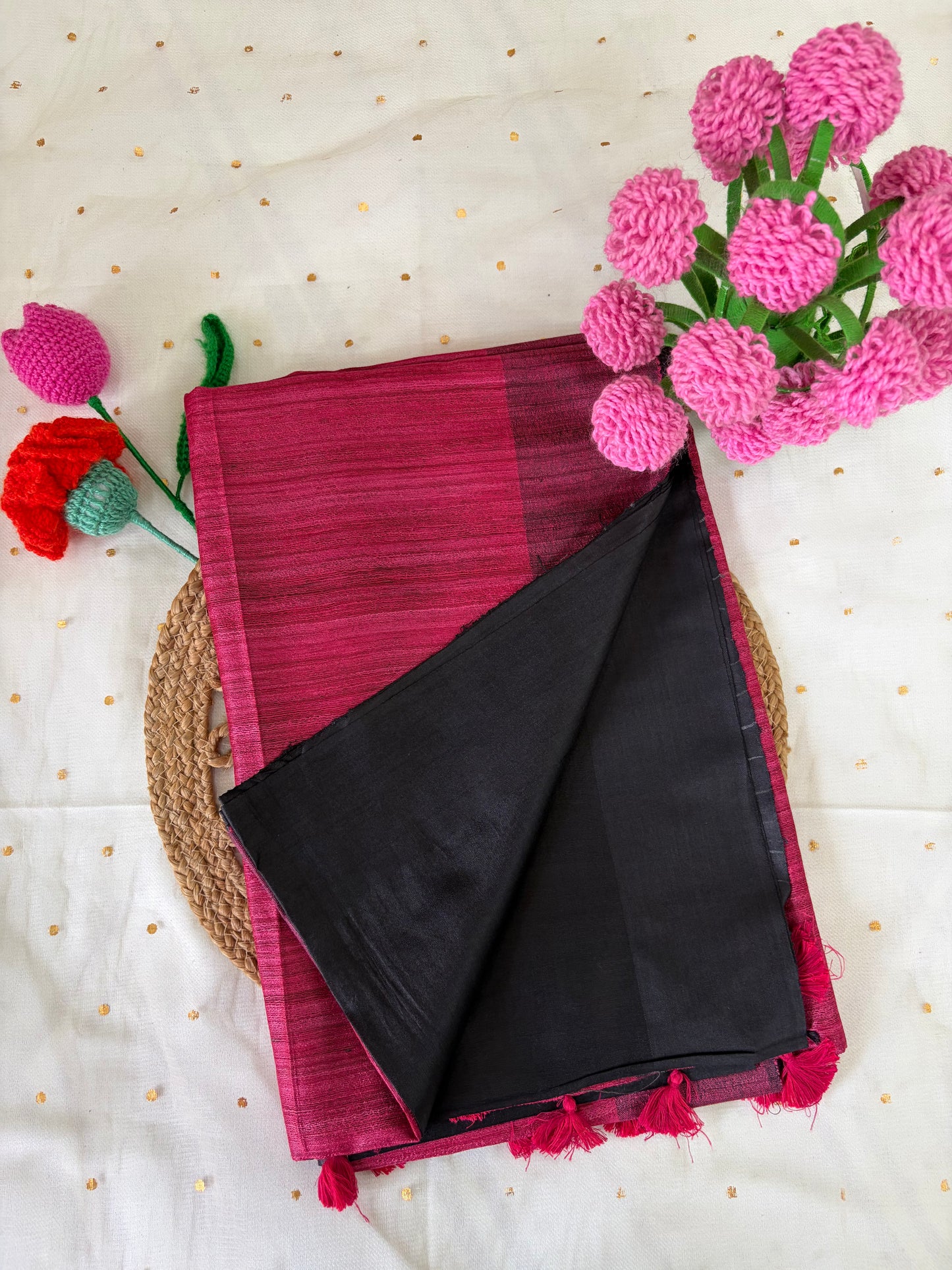 Black-Pink Half Silk Bhagalpuri Silk Saree