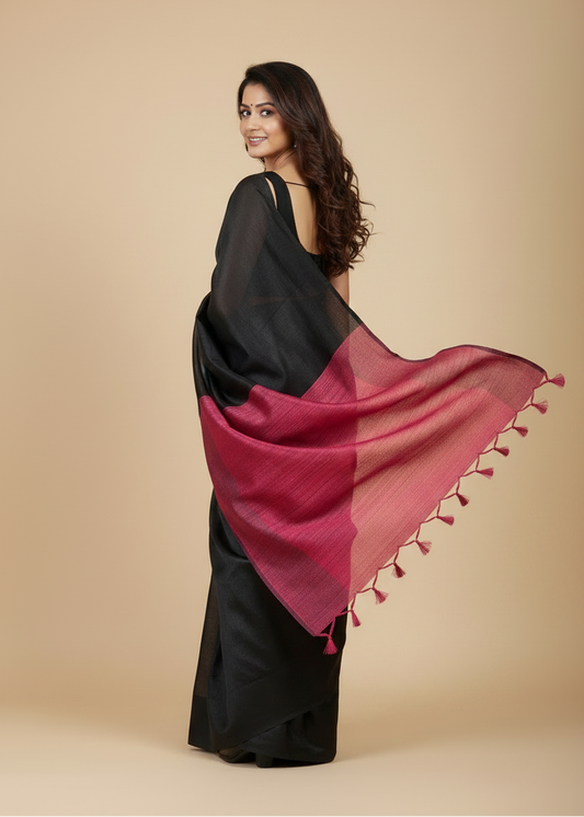 Black-Pink Half Silk Bhagalpuri Silk Saree