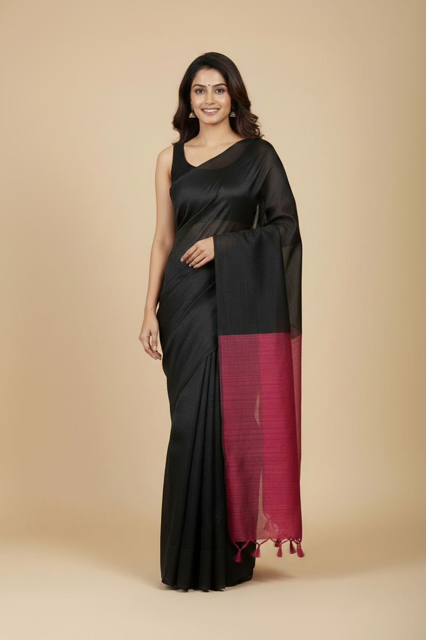 Black-Pink Half Silk Bhagalpuri Silk Saree