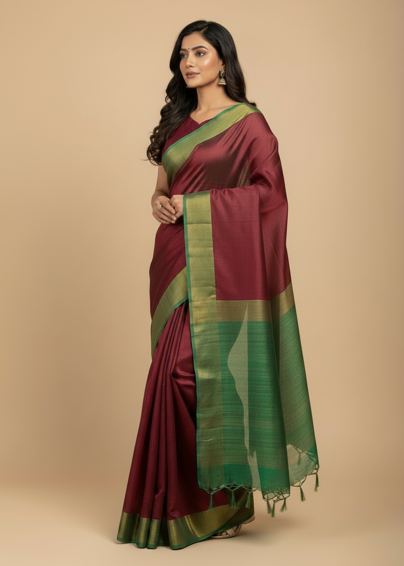 Brown- Green Half Silk Bhagalpuri Silk Saree