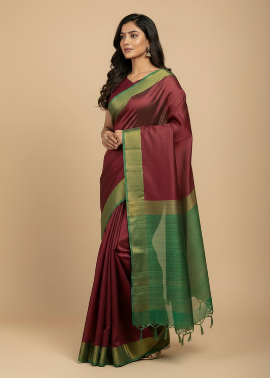 Brown- Green Half Silk Bhagalpuri Silk Saree