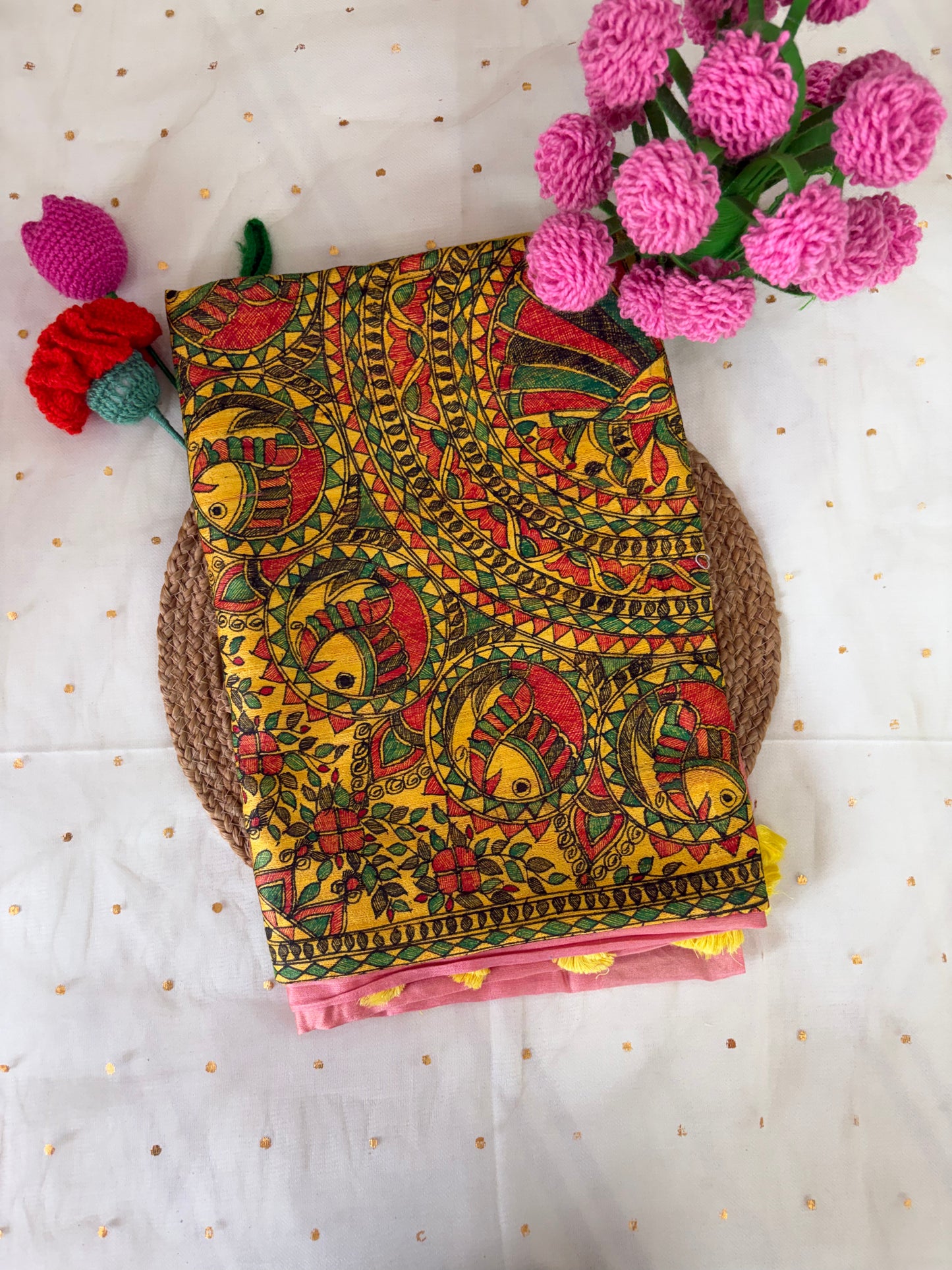 Pink Yellow Half Silk Bhagalpuri Madhubani Hand Painted Silk Saree