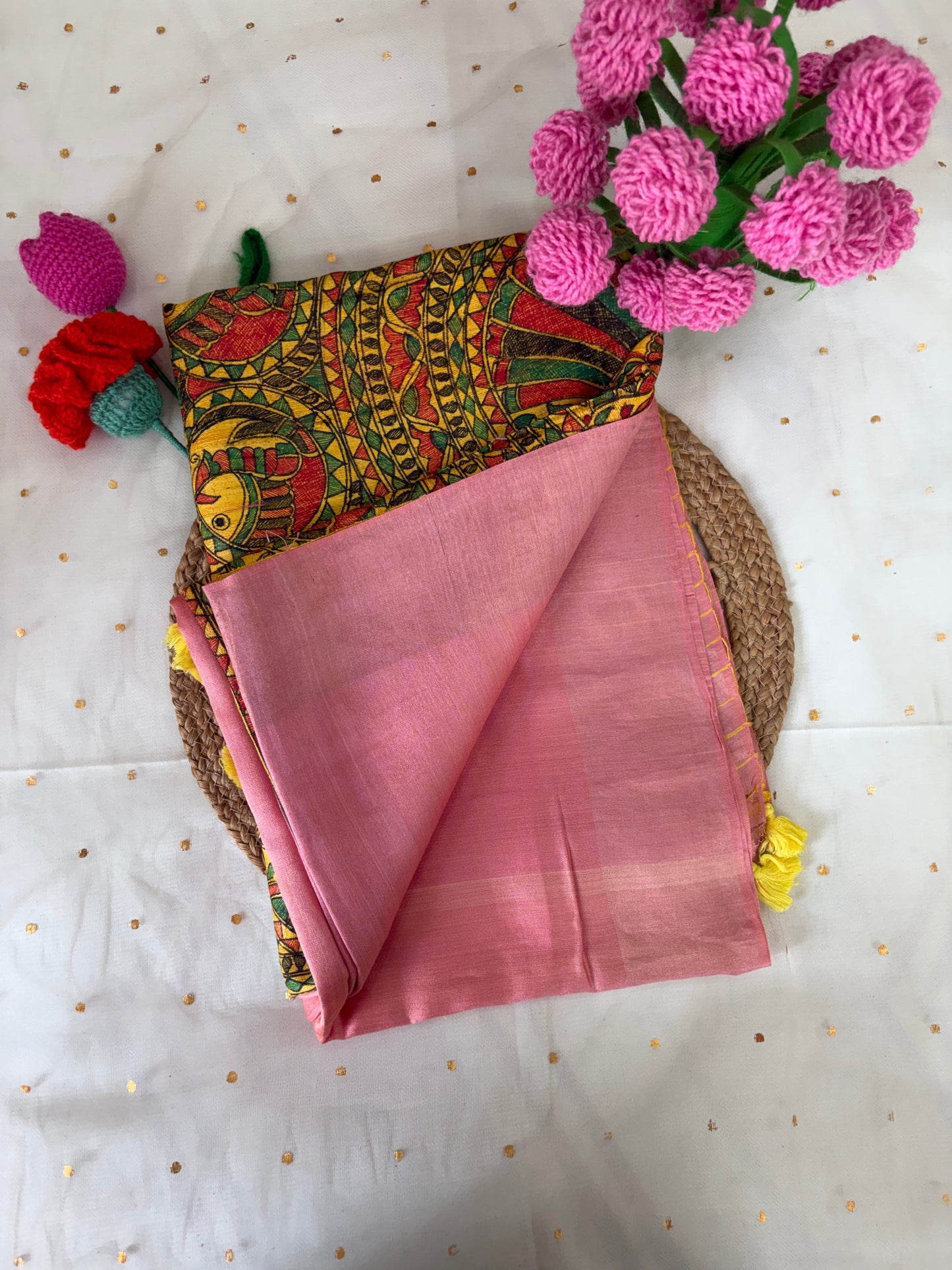 Pink Yellow Half Silk Bhagalpuri Madhubani Hand Painted Silk Saree