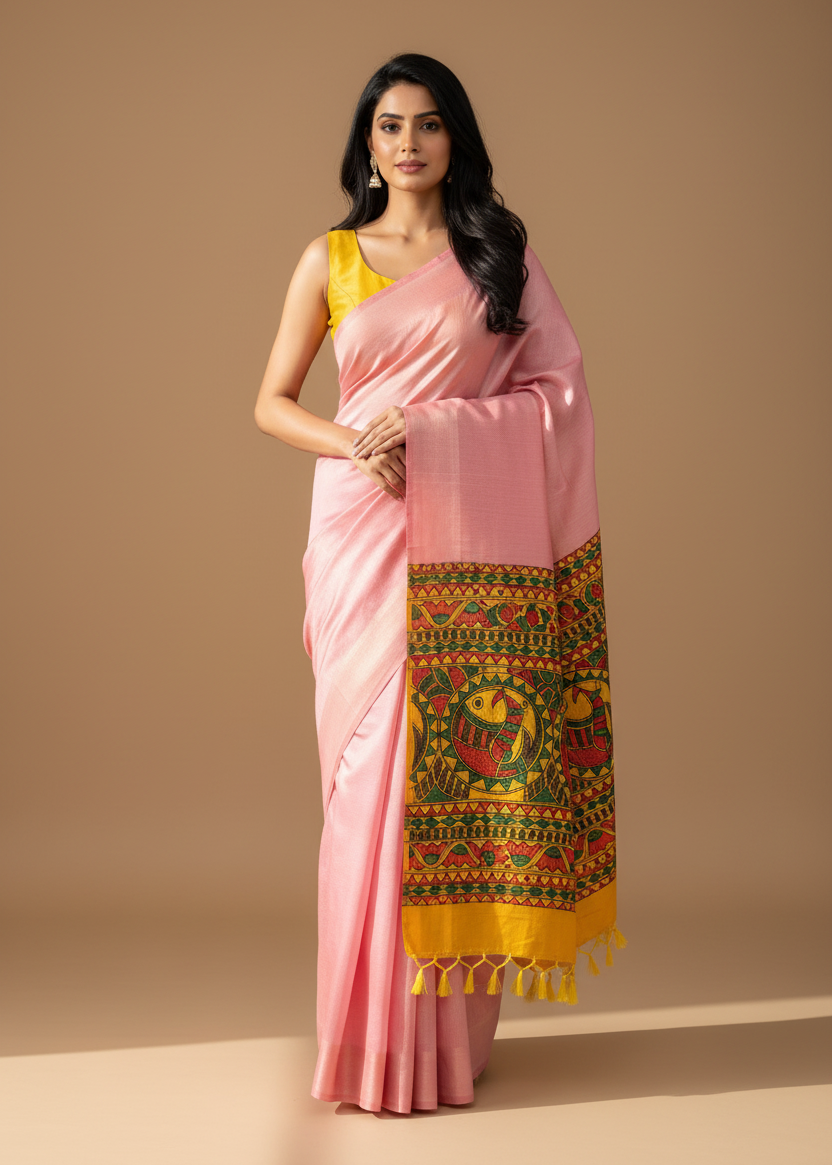 Pink Yellow Half Silk Bhagalpuri Madhubani Hand Painted Silk Saree