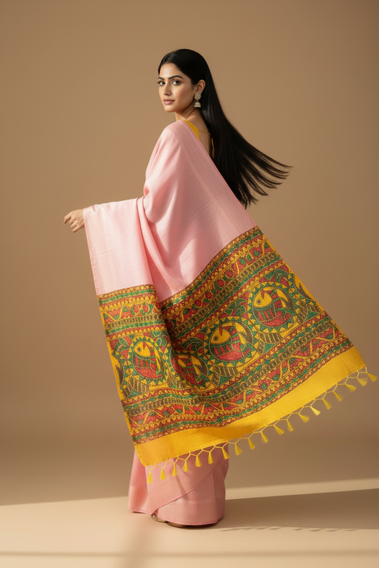 Pink Yellow Half Silk Bhagalpuri Madhubani Hand Painted Silk Saree