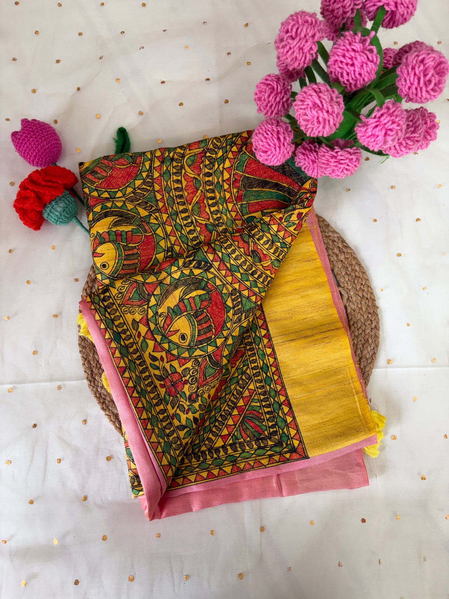 Pink Yellow Half Silk Bhagalpuri Madhubani Hand Painted Silk Saree
