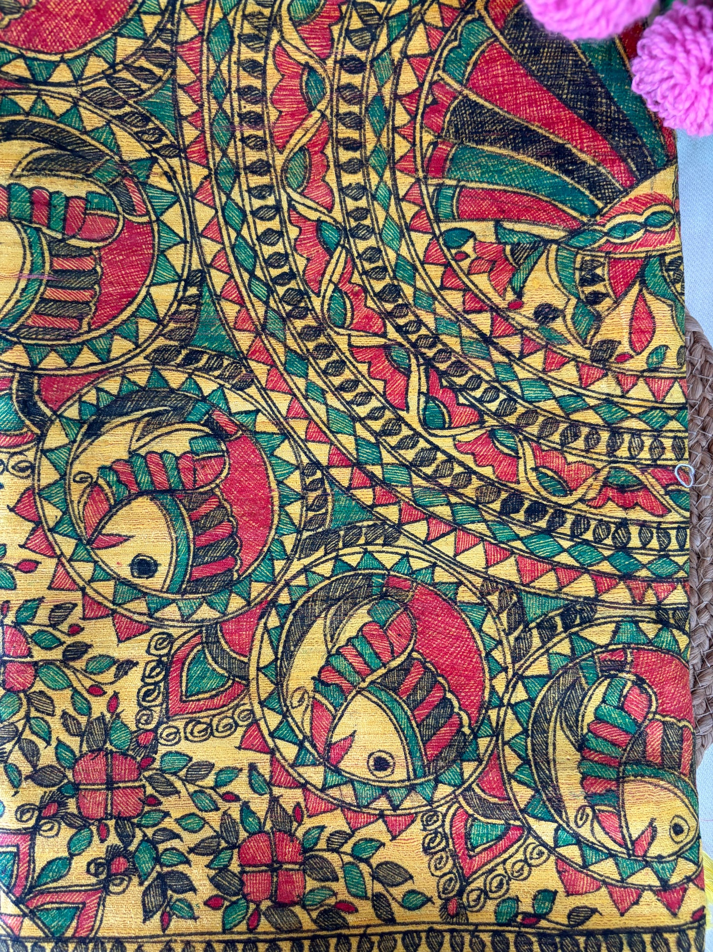Pink Yellow Half Silk Bhagalpuri Madhubani Hand Painted Silk Saree