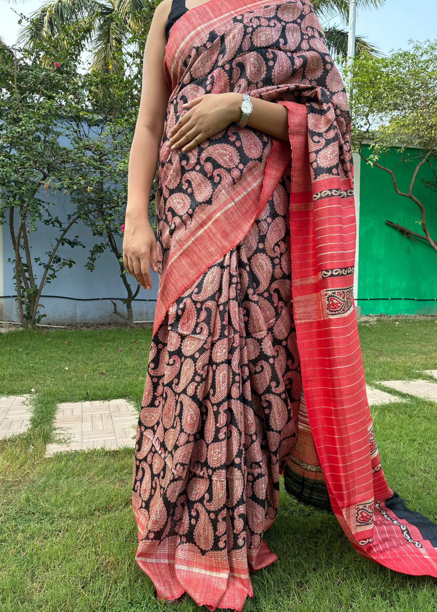 Red and Black Printed Khadi Silk Saree