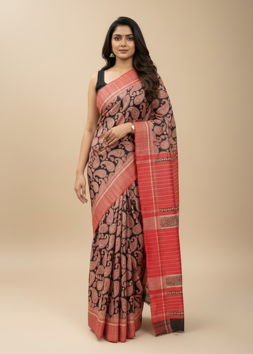 Red and Black Printed Khadi Silk Saree