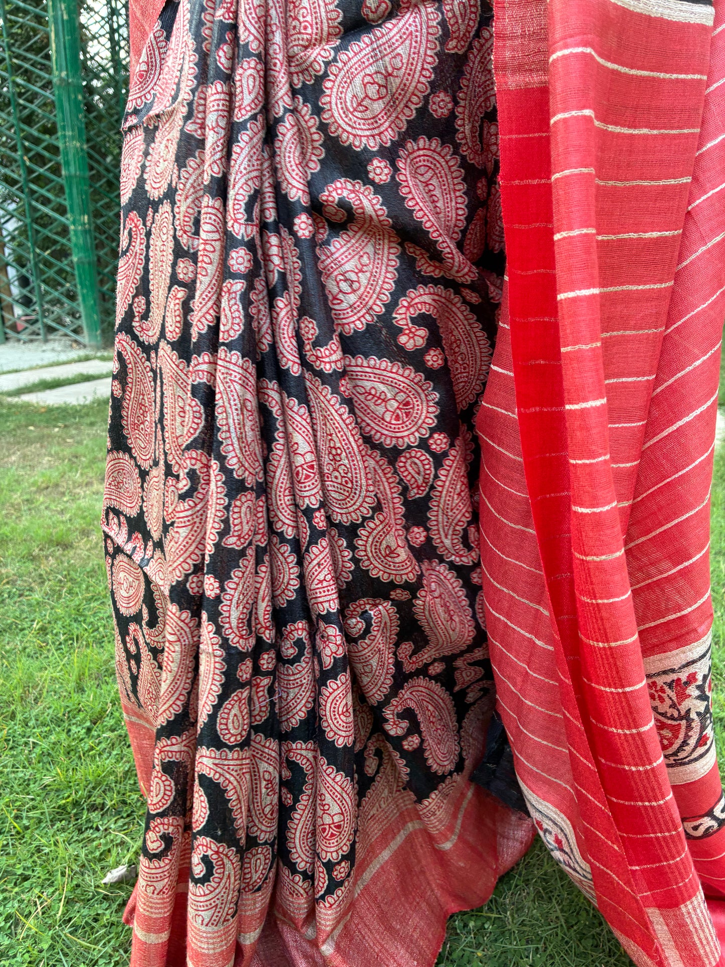 Red and Black Printed Khadi Silk Saree