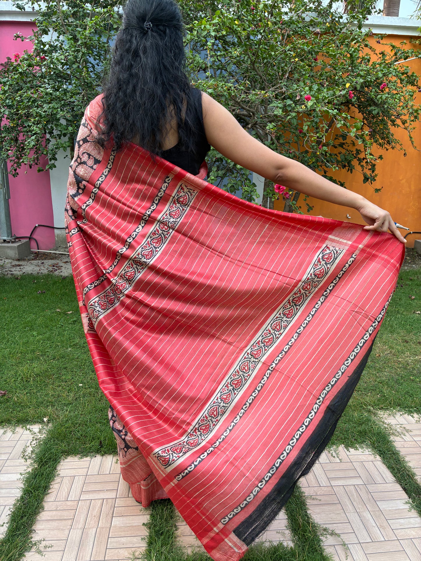 Red and Black Printed Khadi Silk Saree