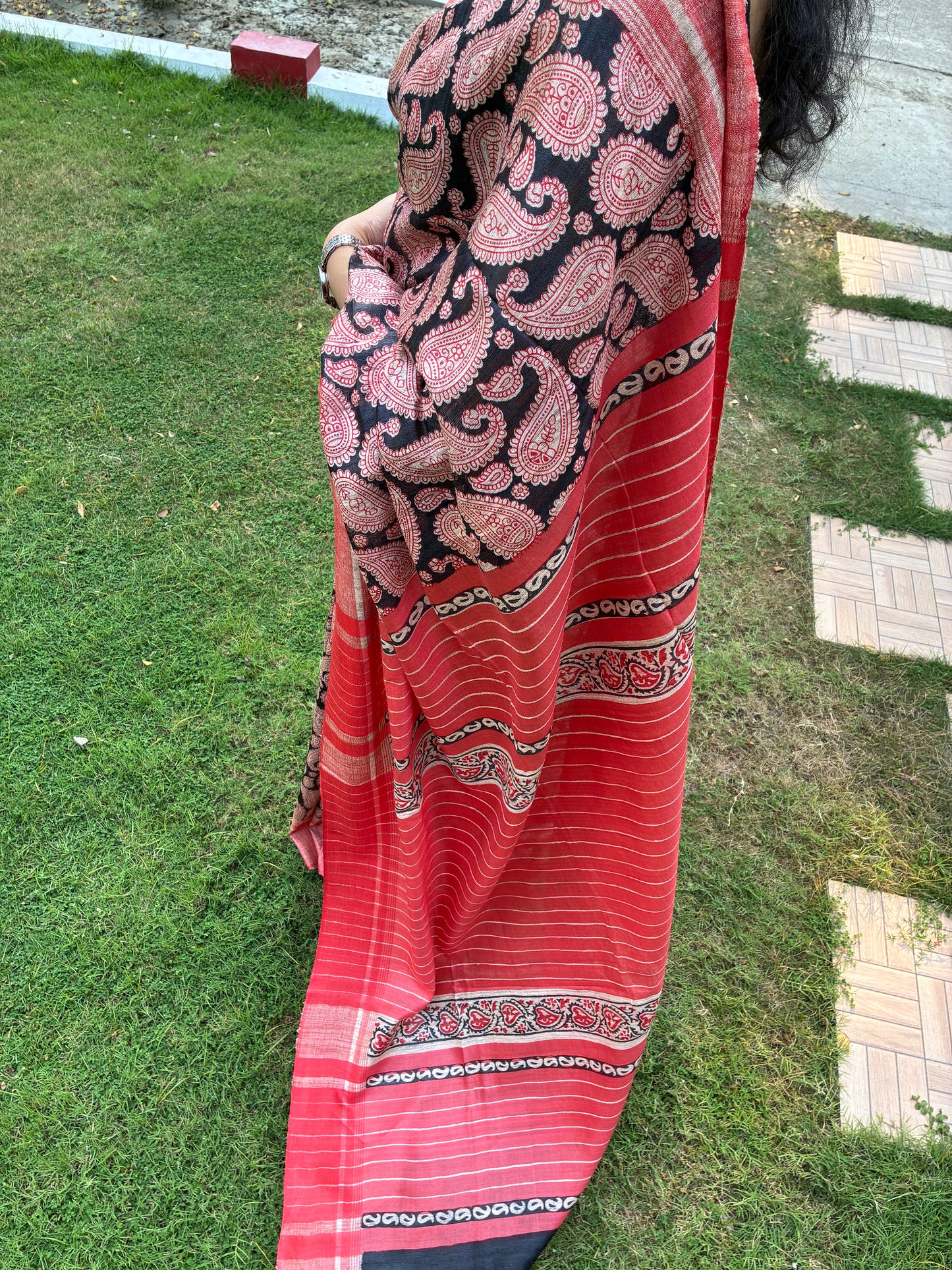 Red and Black Printed Khadi Silk Saree