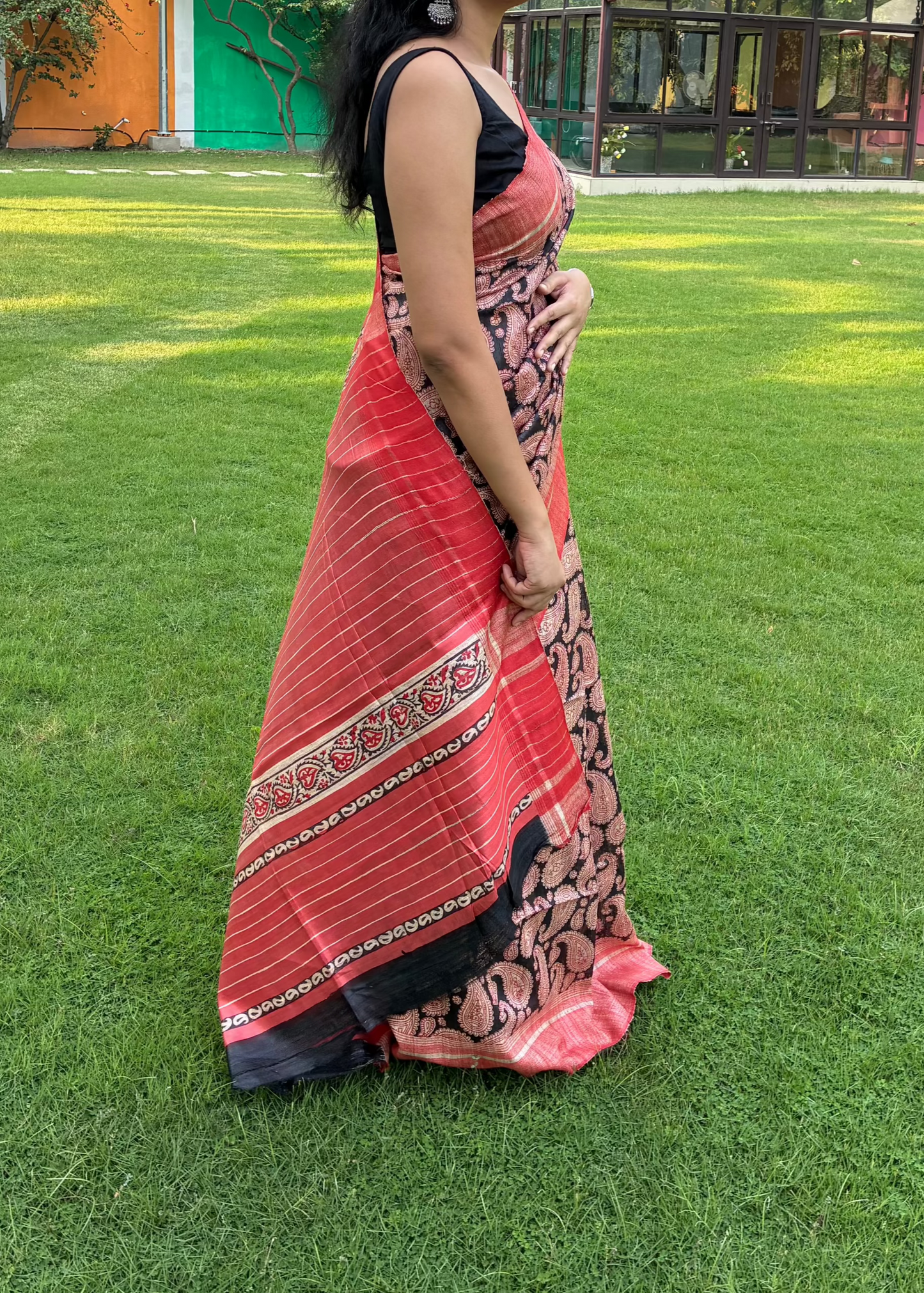 Red and Black Printed Khadi Silk Saree