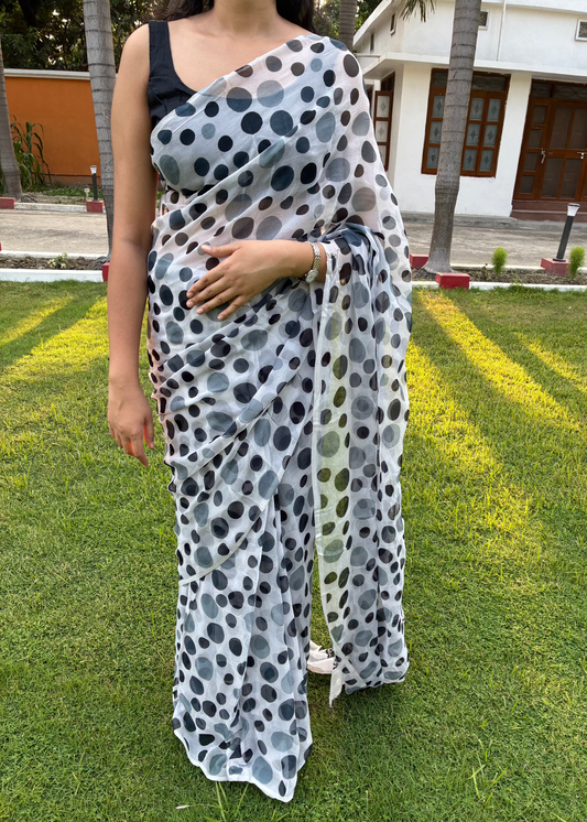 White and Black Polka Dot Chiffon Saree