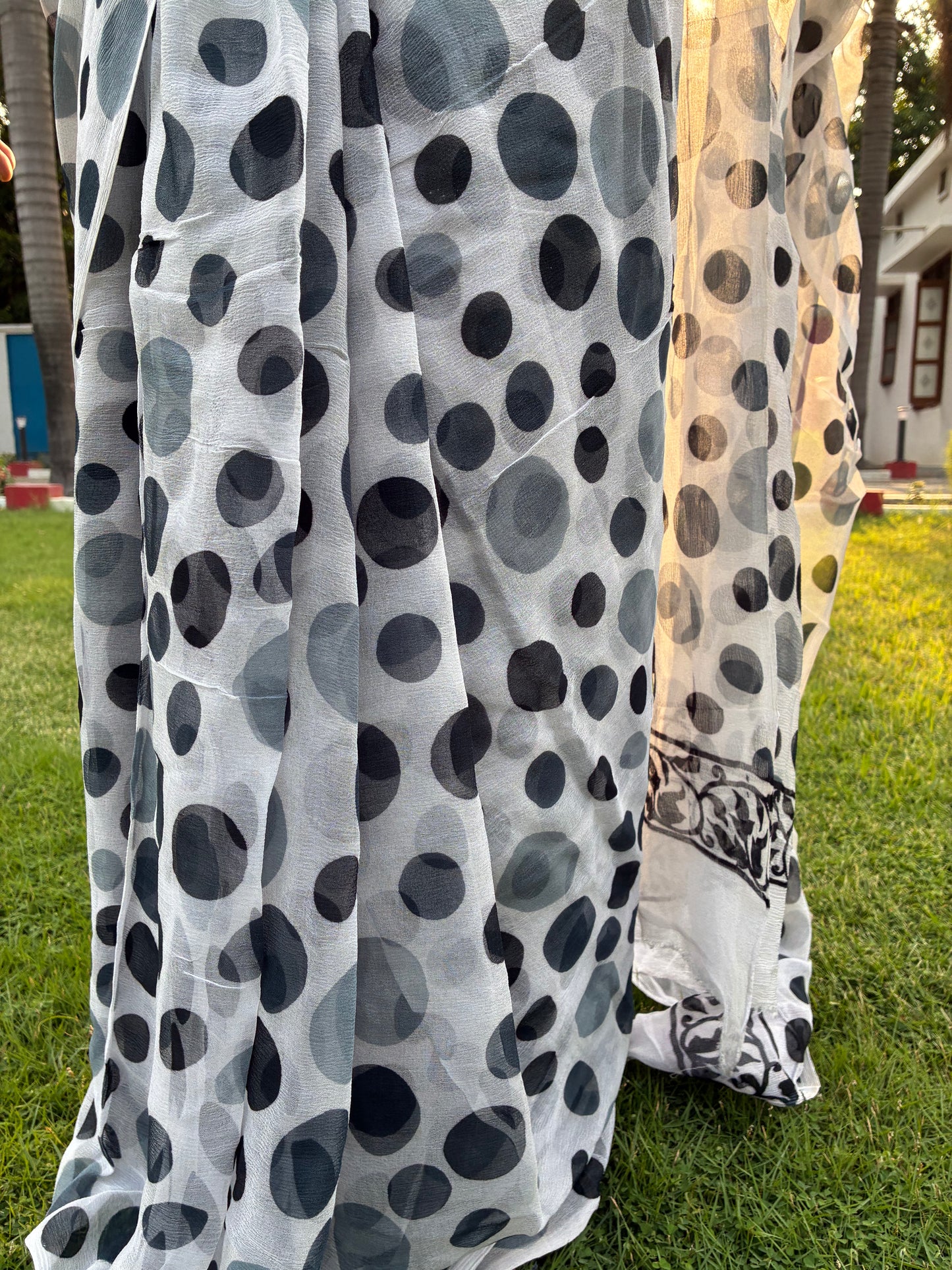 White and Black Polka Dot Chiffon Saree